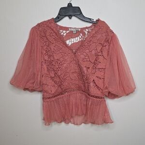 Haute Monde Size Medium Crochet Lace Blouse in Rose